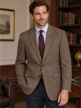 Saville Row Varsity Club Wool Plaid Sport Coat Men 44L Brown Vintage
